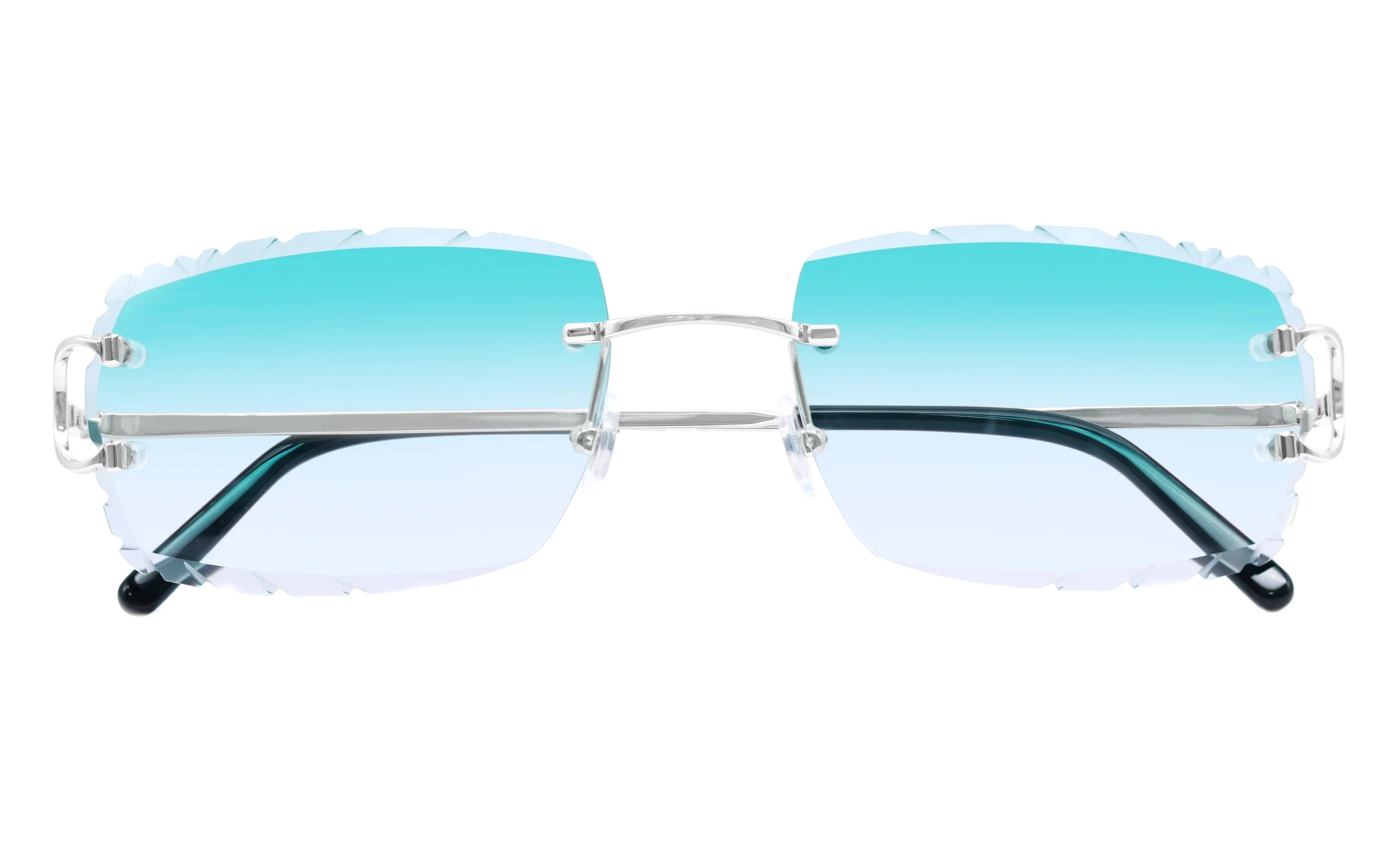 Front view of rimless frame with diamond-cut teal-gradient lenses and a custom engraving