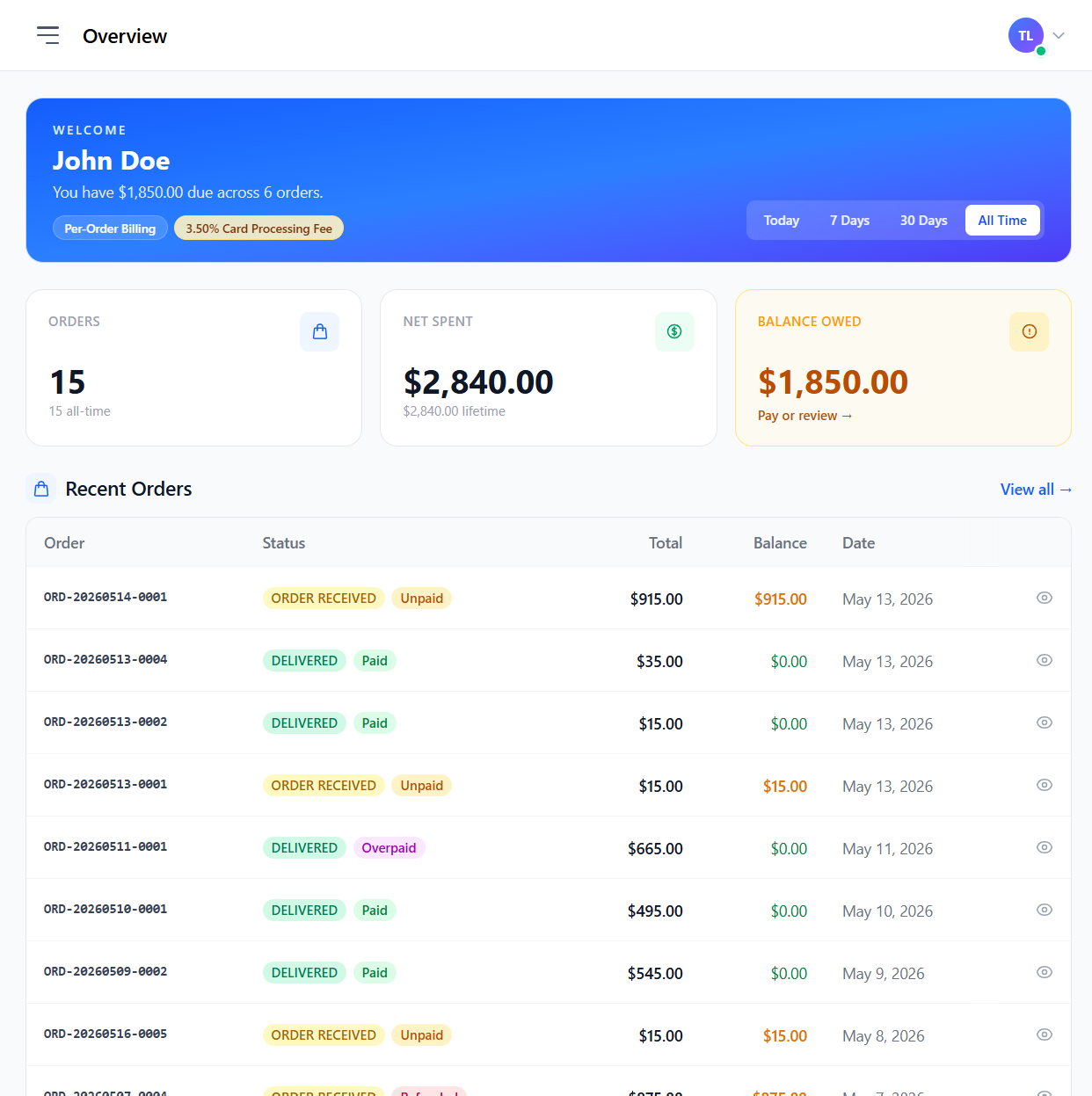IEngrave Optics web portal dashboard showing recent orders, invoices, and shipment status